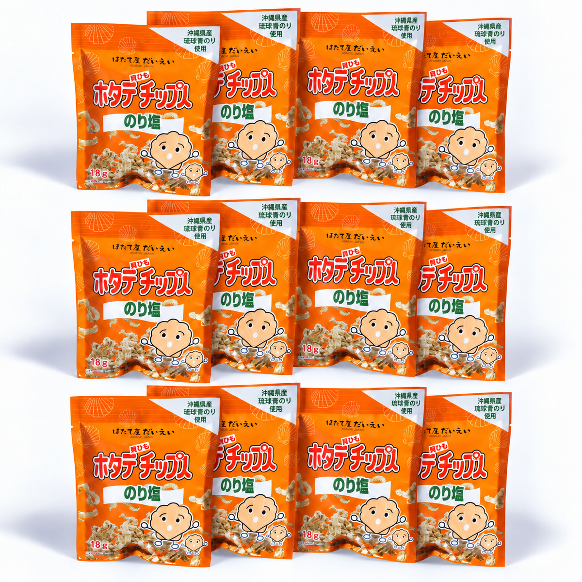 【まとめ買い】ホタテ貝ひもチップス　カートン　のり塩x 12袋セット【常温】