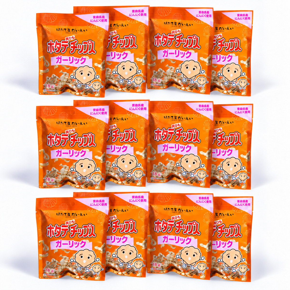 【まとめ買い】ホタテ貝ひもチップス　カートン　ガーリック x 12袋セット【常温】