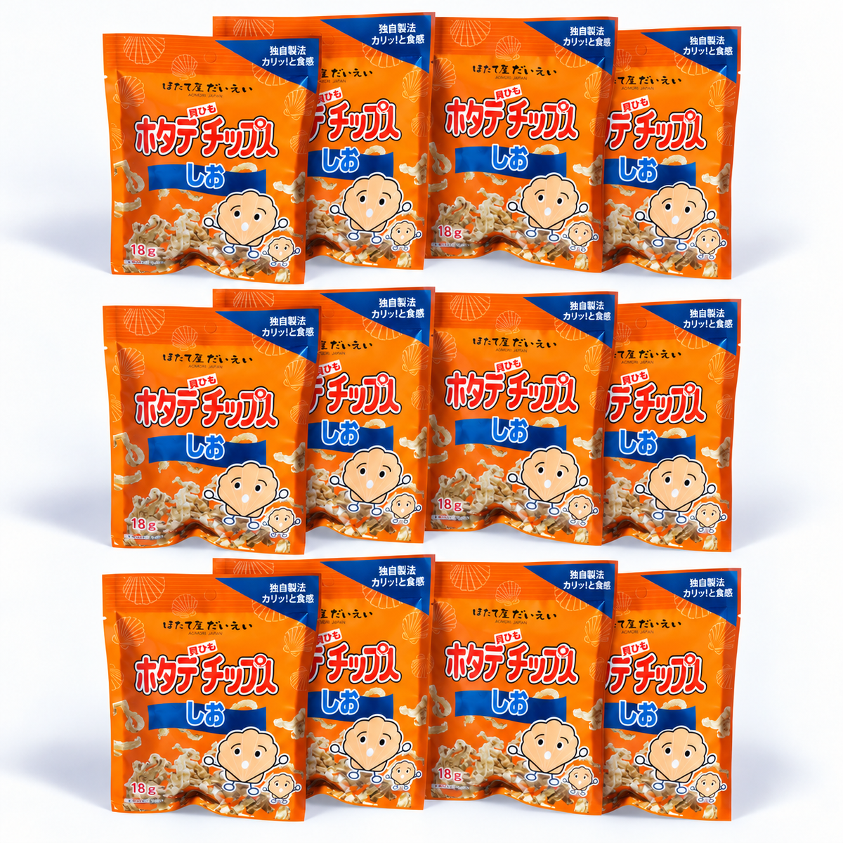 【まとめ買い】ホタテ貝ひもチップス　カートン　しおx 12袋セット【常温】