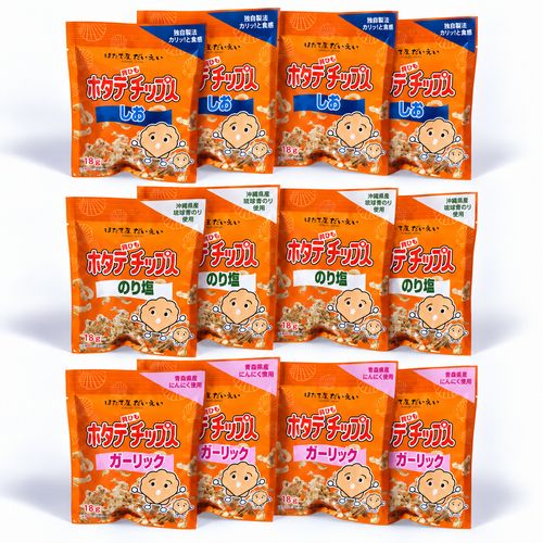 まとめ買い】ホタテ貝ひもチップス しお x4袋 + ガーリック味 x4袋+